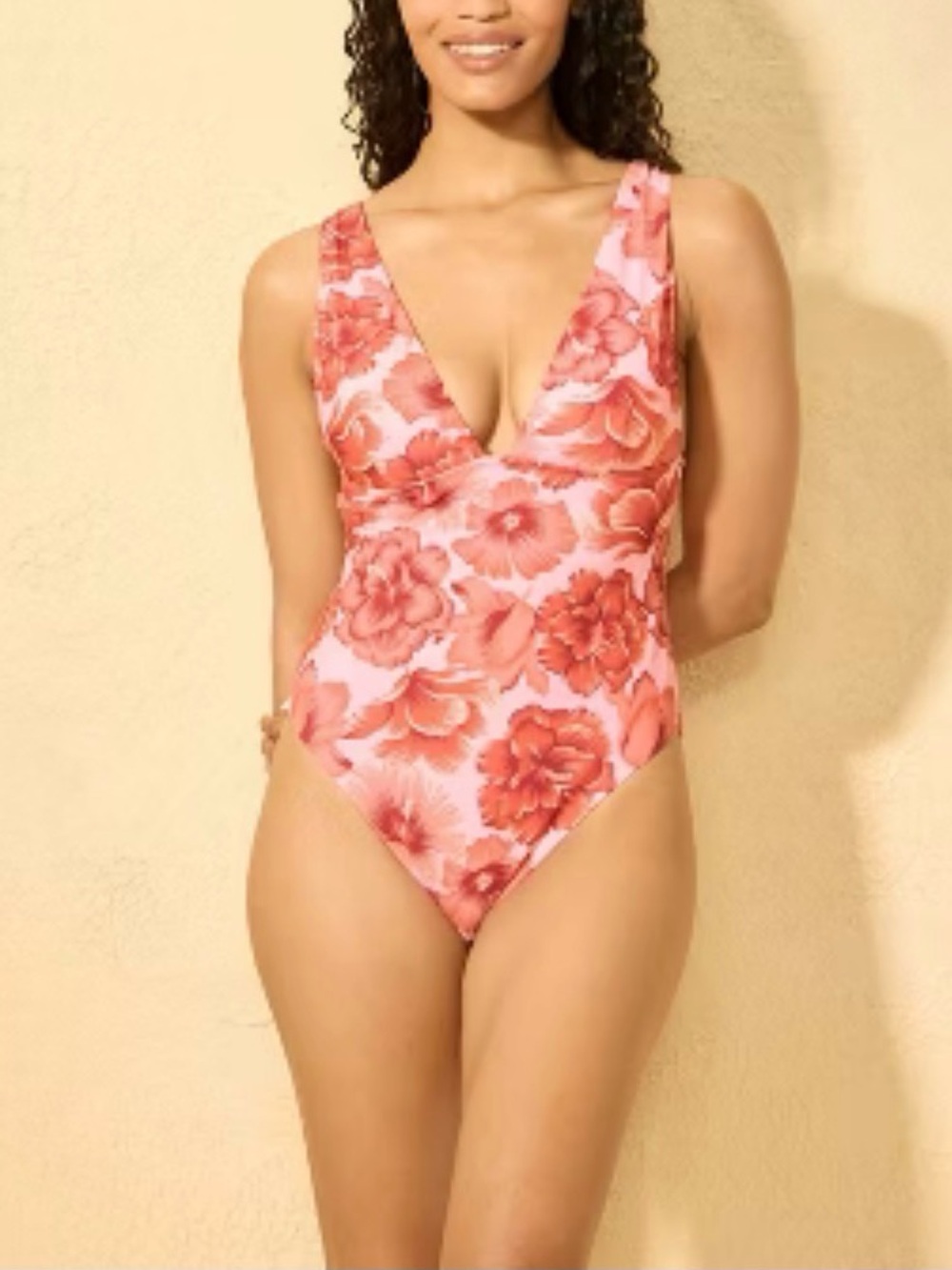 Shade & Shore Pink and Coral Floral V-Neck One-Piece Swimsuit